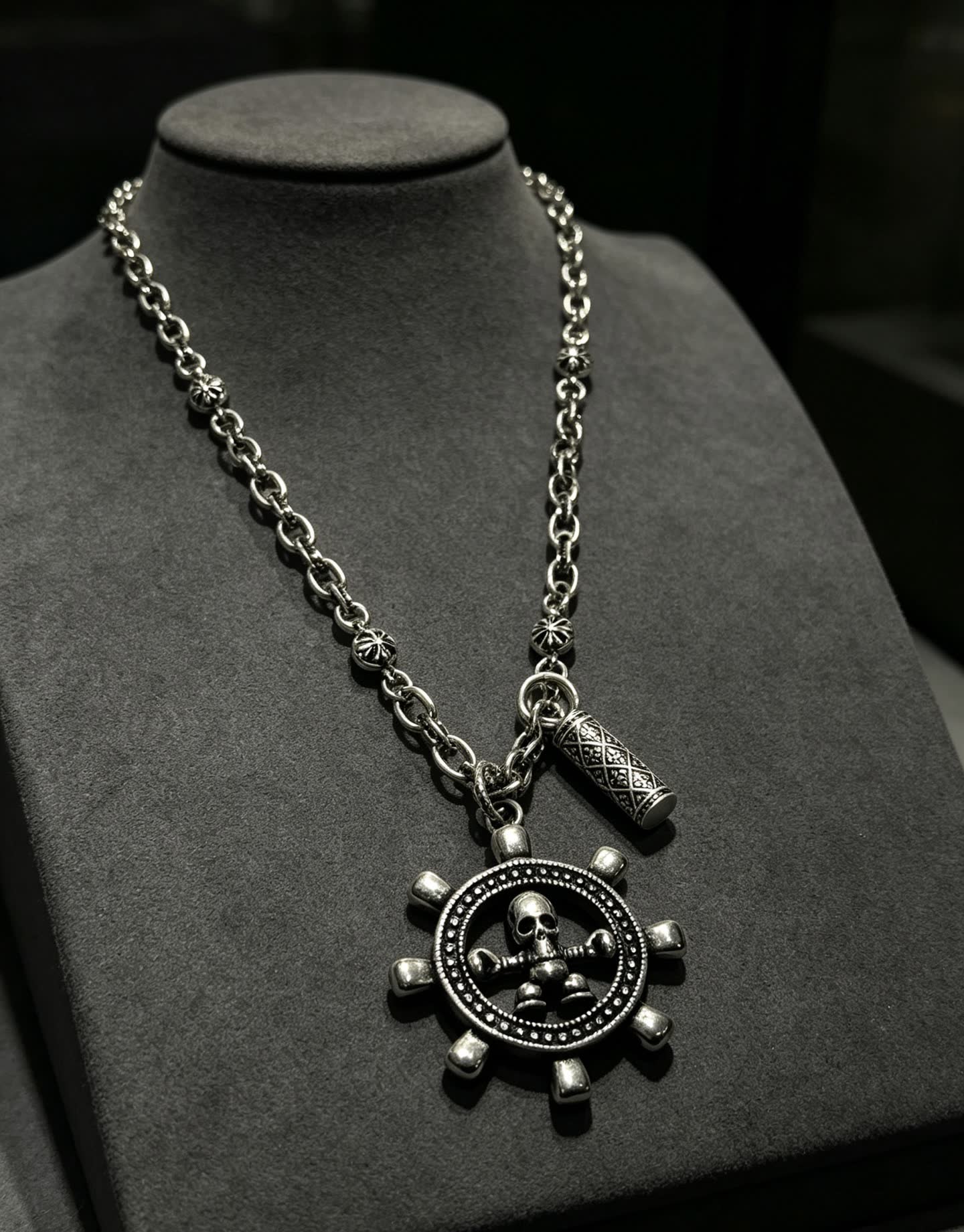 Chrome Hearts Silver Skull and Crossbones Pendant Necklace